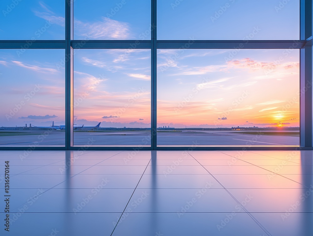 Fototapeta premium Serene airport terminal view at sunset with vibrant sky and runway