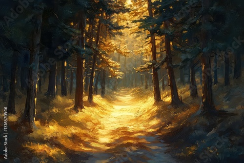 A peaceful forest path surrounded by tall pines, golden light seeping through the branches.