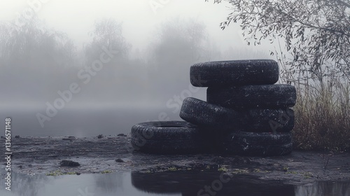 Stack of old tires by foggy lake.