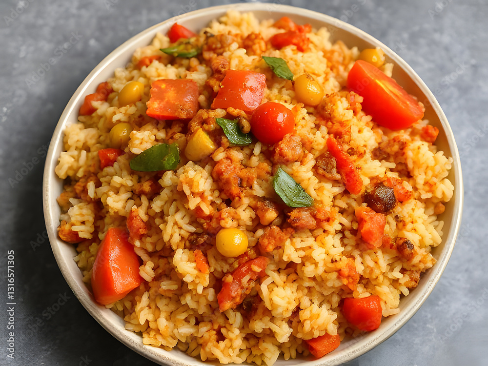 Delicious homemade tomato rice pilaf with fresh basil and diced tomatoes in a white bowl, overhead shot. Delicious homemade tomato rice pilaf with fresh basil and diced tomatoes in a white bowl, overhead shot.