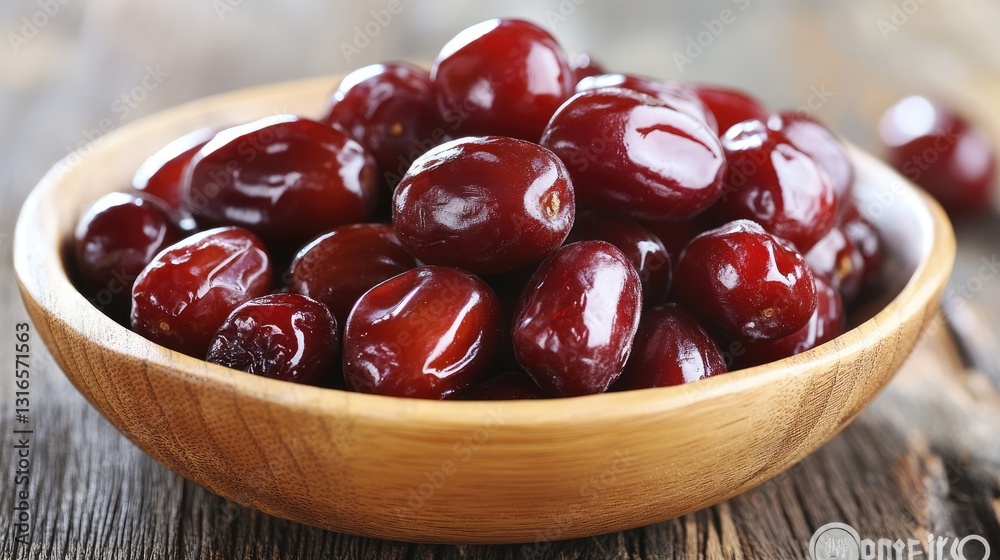 A wooden dish with fresh Chinese dates and dried red jujubes. A wooden dish with fresh Chinese dates and dried red jujubes.