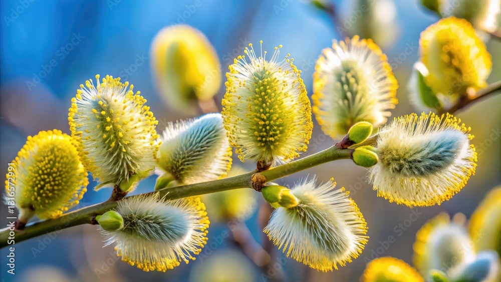 Fototapeta premium Fluffy goat willow catkins, Salix cinerea blossoms signal spring's arrival, perfect for Palm Sunday and Easter.