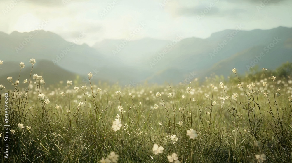 Serene mountain meadow with wildflowers at sunset. Serene mountain meadow with wildflowers at sunset.