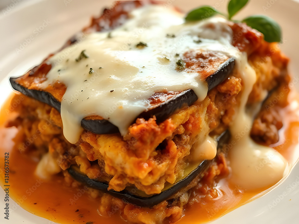 Delicious Homemade Eggplant Lasagna with Cheesy Sauce and Basil Garnish - Food Photography Delicious Homemade Eggplant Lasagna with Cheesy Sauce and Basil Garnish - Food Photography