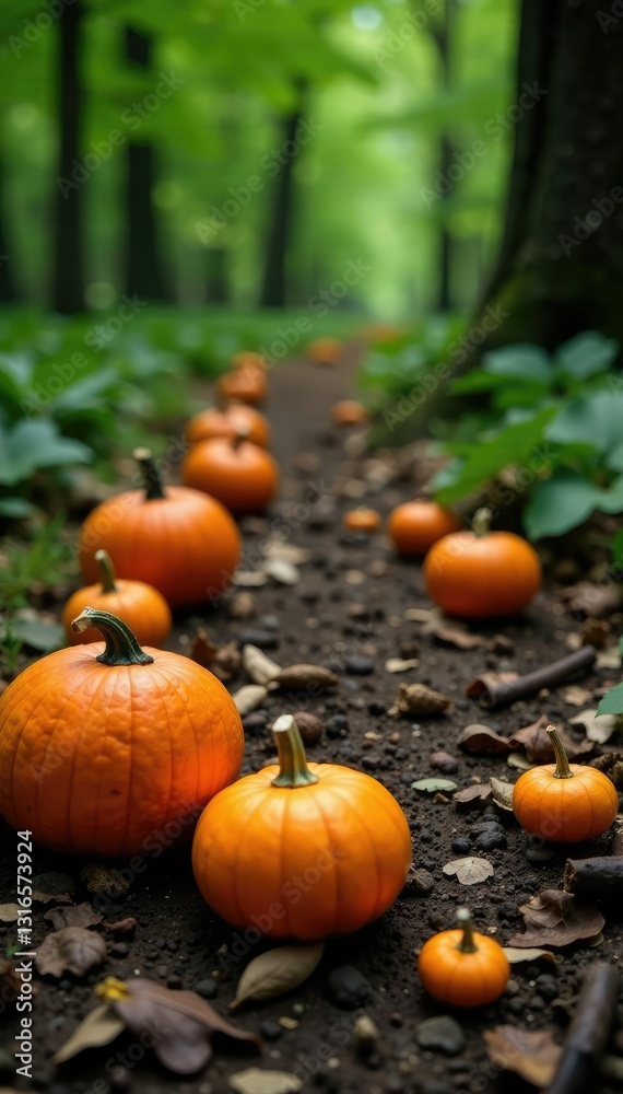 Pumpkins and gourds scattered on forest floor, nature, forest, decay Pumpkins and gourds scattered on forest floor, nature, forest, decay