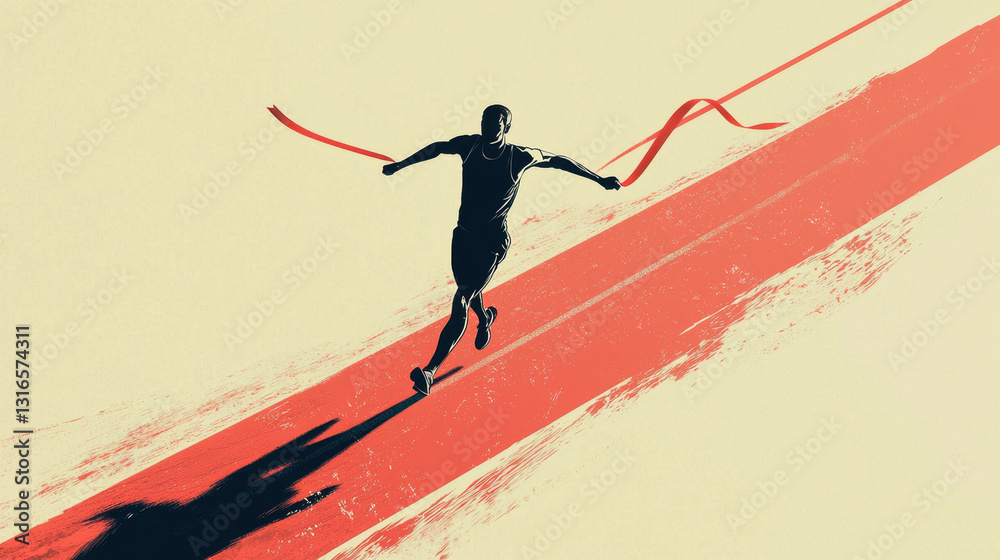 Naklejka premium A runner celebrates victory by crossing the finish line, arms outstretched, breaking the vibrant red ribbon against a soft light background, showcasing determination and achievement.