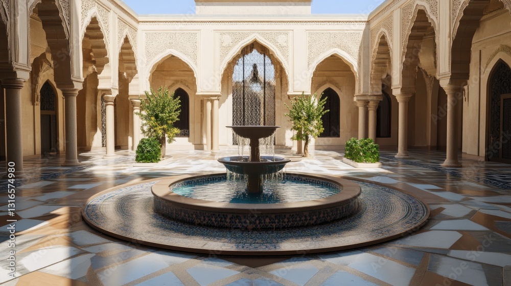 Obraz premium Serene courtyard oasis with architectural arches and water fountain