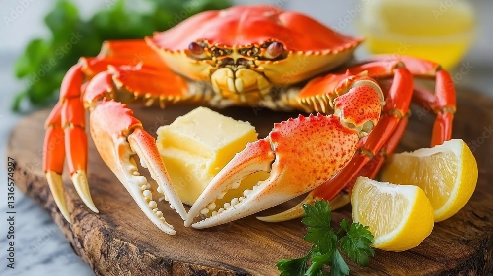 Crab with Butter and Lemon on Rustic Wooden Board Crab with Butter and Lemon on Rustic Wooden Board