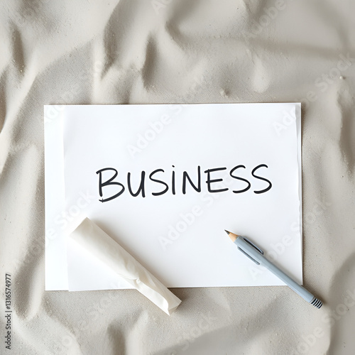 Top view of sheet with BUSINESS writing incompletely drawn thing and crushed wrapped paper on white desk on gray sand background photo