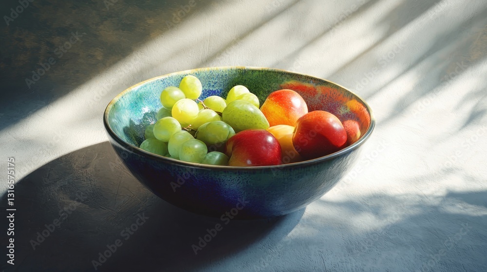 Sunlit bowl of green grapes and ripe nectarines. Sunlit bowl of green grapes and ripe nectarines.