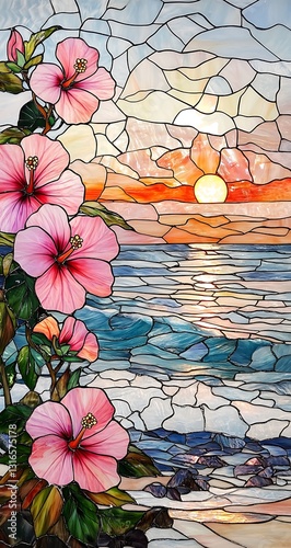 Stunning Stained Glass Sunset Seascape with Hibiscus Flowers Artwork