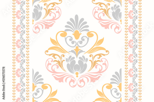 Delicate pastel damask pattern with floral and ornamental elements on a white background. Ideal for wedding invitations, stationery, or feminine design projects. Soft, romantic vintage style.