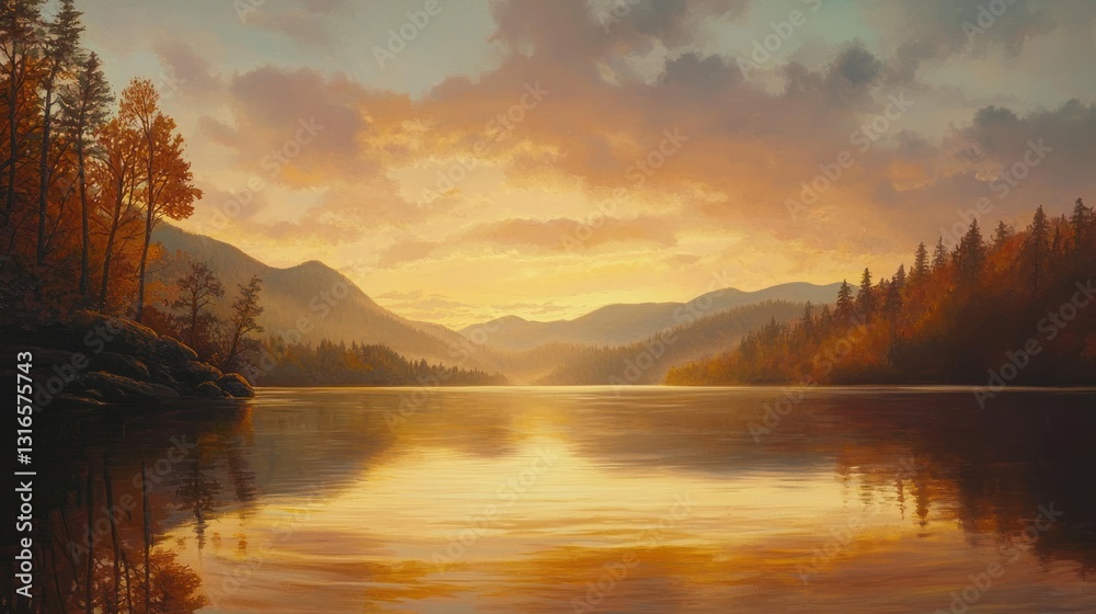 Fototapeta premium Serene autumn sunset over calm lake reflecting golden sky and mountains.