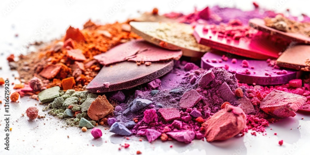 High-res image of a shattered makeup palette; eyeshadow, blush, and powder spill in a bokeh-filled, isolated close-up. High-res image of a shattered makeup palette; eyeshadow, blush, and powder spill in a bokeh-filled, isolated close-up.