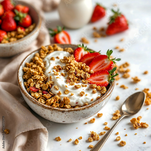 Granola with yogurt and fresh strawberries in a bowl. Healthy breakfast or snack with scattered granola and a spoon. Top view, bright and airy.