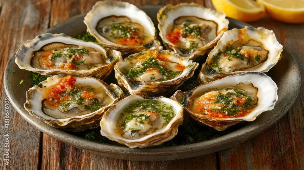Fresh Oysters on Rustic Platter with Lemon Wedges Fresh Oysters on Rustic Platter with Lemon Wedges