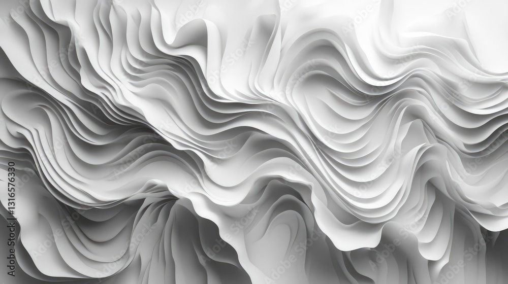 Abstract rendering of layered white forms with flowing curved patterns Abstract rendering of layered white forms with flowing curved patterns