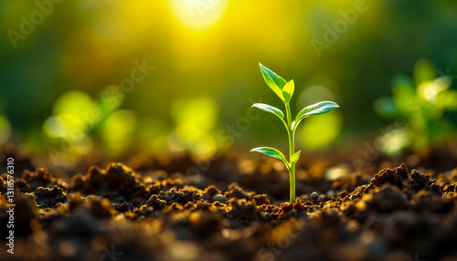 Small seedling growing in soil with blurred background. New life, growth, and spring concept. Symbol of hope and fresh start.