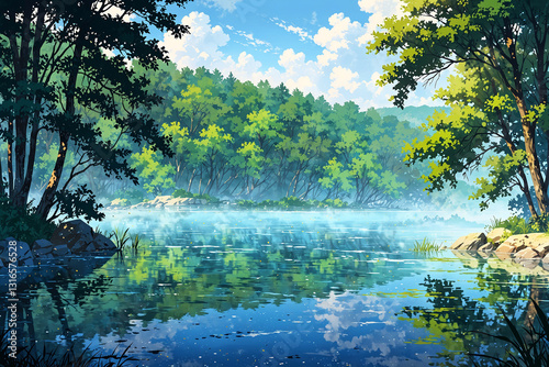 Peaceful misty lake in anime style with warm sunlight breaking through the haze over motionless water and quiet trees