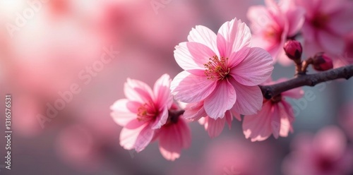Full bloom cherry blossom tree, vibrant pink petals , full bloom, scenic