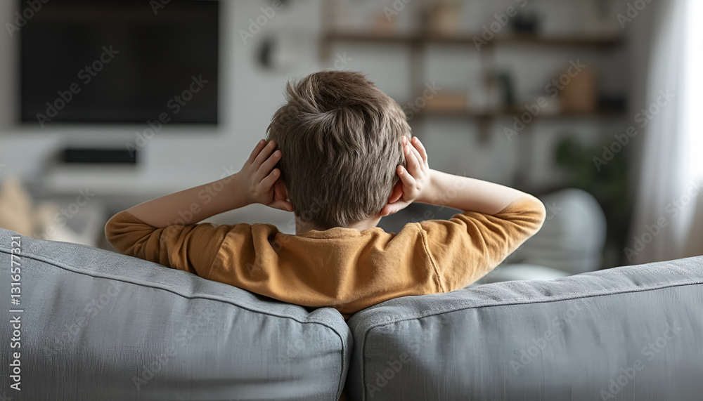 Obraz premium Autism concept. Lonely boy covering ears on sofa at home, rear view