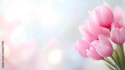Elegant bouquet of fresh pink tulips with delicate petals and gentle lighting, creating a romantic springtime aesthetic. Ideal for advertising, prints, and social media. Selective focus