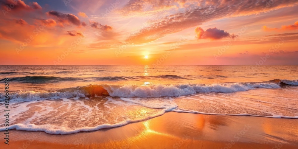 Fototapeta premium Golden Hour Serenity Ocean Waves Gently Kissing the Sandy Shore at Sunset