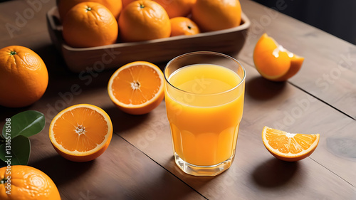 Clean glass of soft squeezed orange juice with fresh oranges on a rustic wooden table in natural light. Concept of healthy food.