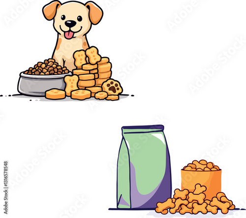 Vsai adorable puppy enjoying crunchy treats and food packs, a delightful illustration of pet nutrition