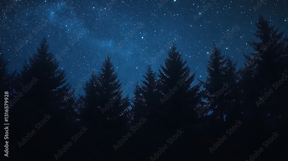 Forest silhouette under a starry night sky, for nature backgrounds or meditation Forest silhouette under a starry night sky, for nature backgrounds or meditation