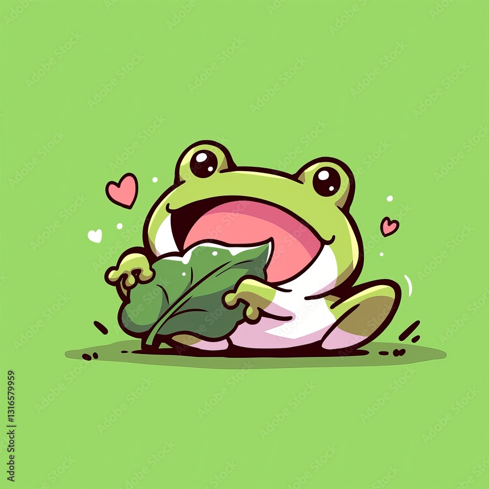 Obraz premium Cute Frog Eating Leaf, Pastel Green