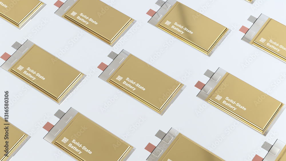 Fototapeta premium solid state batteries, Next Generation SSB pouch cell solid-state electric vehicle battery, High Energy Density Energy storage, production accumulator cell modules automotive manufacture, 3d render