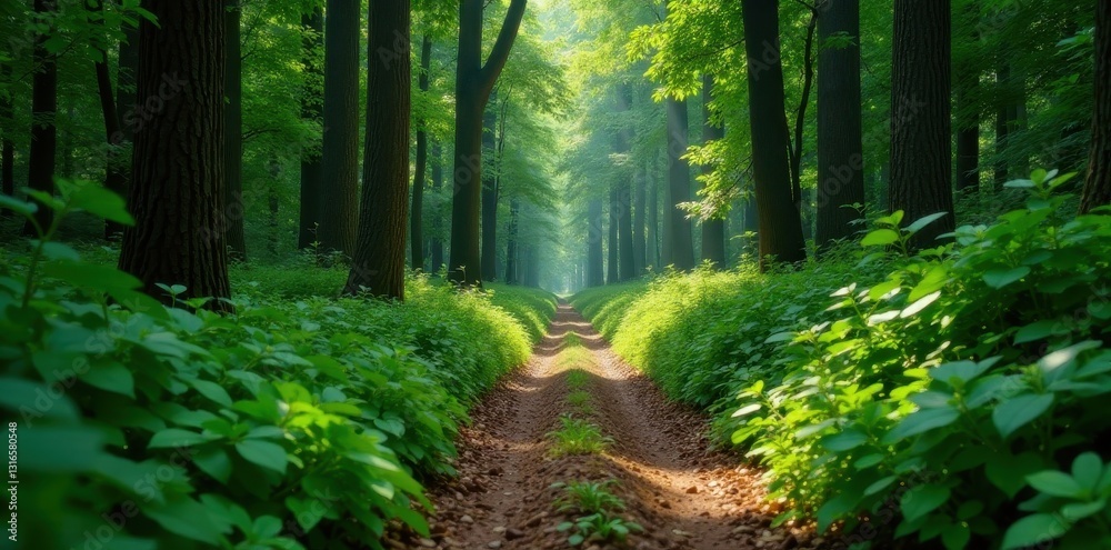 Fototapeta premium Narrow dirt trail disappearing into dense forest, overgrown edges, mysterious, woods, deep forest