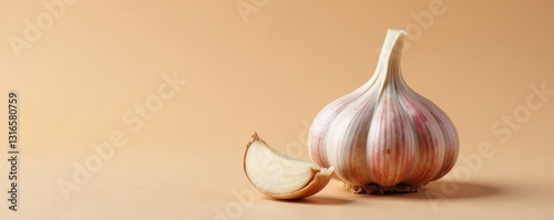 One garlic clove, brown papery skin, plain background, recipe, white