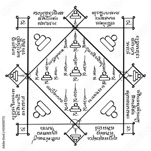 Thai traditional tattoo. Yant Kroh Phet Yai or Great Diamond Armor Yantra. Thai text translation: provide constant protection and blessings.