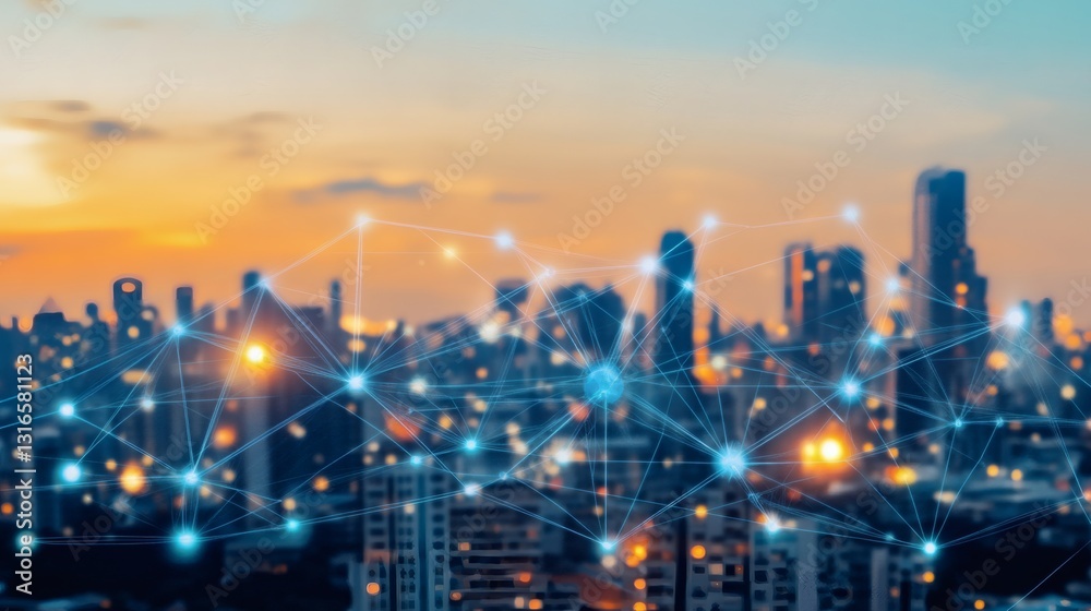 Fototapeta premium Connected cityscape with digital network overlay at twilight hour