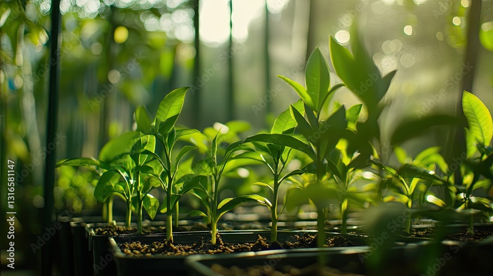 Young seedlings basking in a greenhouse's gentle light, a promise of future growth Young seedlings basking in a greenhouse's gentle light, a promise of future growth