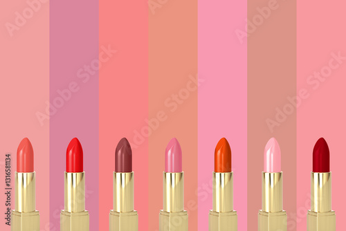 set Luxurious golden lipsticks scattered on light background, elegance and beauty in cosmetics, Beauty industry glamour, 3d render