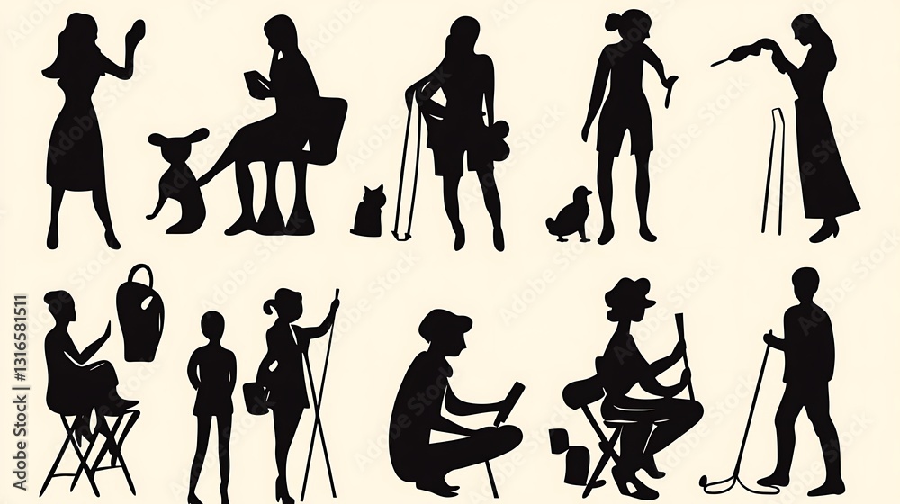 Obraz premium Silhouette Illustrations: Women and Men Engaged in Daily Activities AI Generated