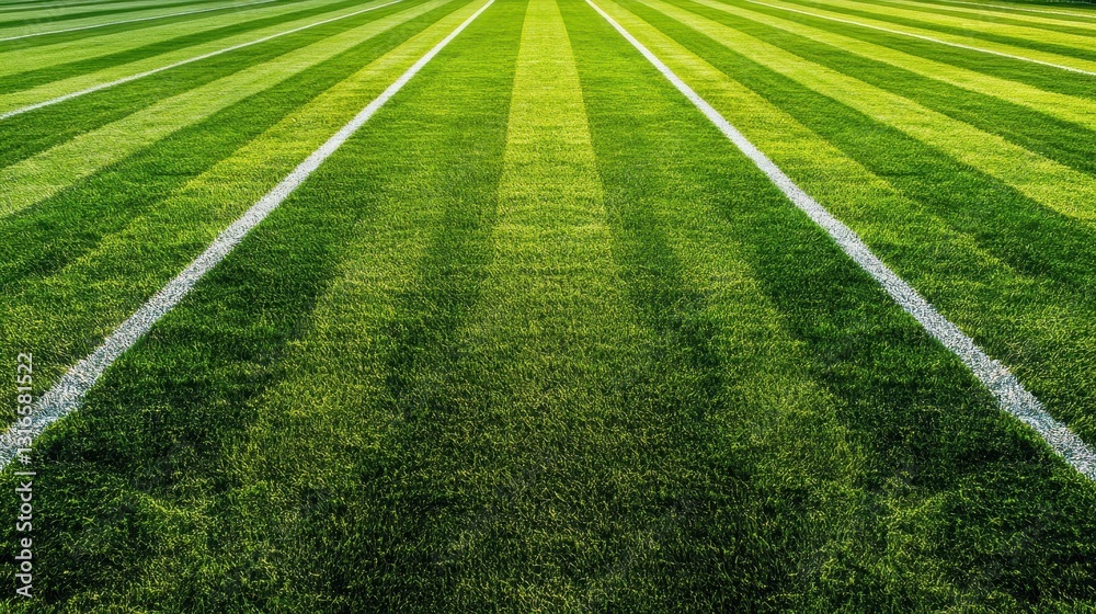 Obraz premium Striped green grass field with white lines. Ideal for sports, nature, and recreation themes.