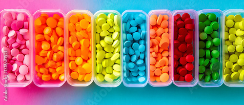 A colorful pill organizer box designed for weekly medication management, keeping track of daily doses for health and wellness photo