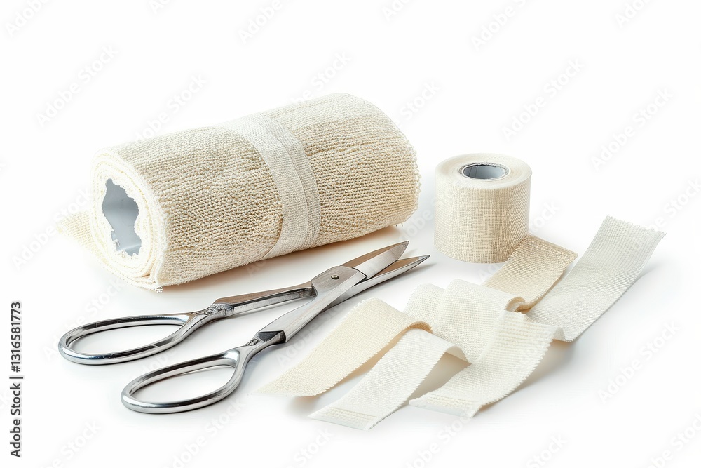 Fototapeta premium Medical scissors and bandages on white background healthcare supplies isolated view