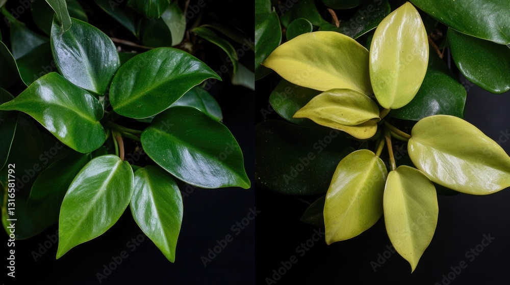 Obraz premium Philodendron leaf comparison displaying healthy versus nutrient deficiency