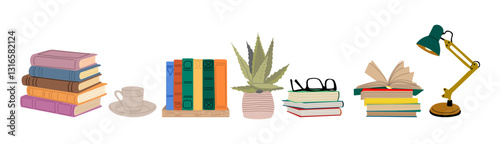 Books and reading set. Textbooks for academic studies, literature, houseplant, glasses, table lamp, cup of tea. Flat cartoon colorful vector illustrations isolated on transparent background. 