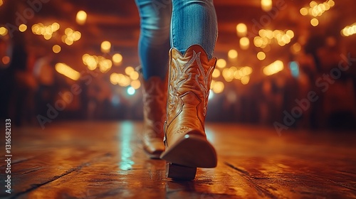 Woman's legs in cowboy boots on dance floor.