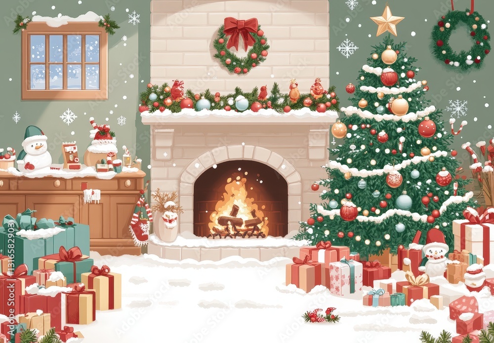 A cozy Christmas scene featuring a decorated tree, fireplace, stockings, and colorful presents, evoking holiday warmth and joy. A cozy Christmas scene featuring a decorated tree, fireplace, stockings, and colorful presents, evoking holiday warmth and joy.