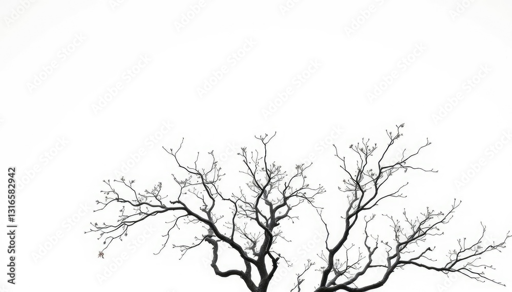 Fototapeta premium A solitary deciduous tree, branches reaching skyward, against a pure white backdrop, autumn, branches