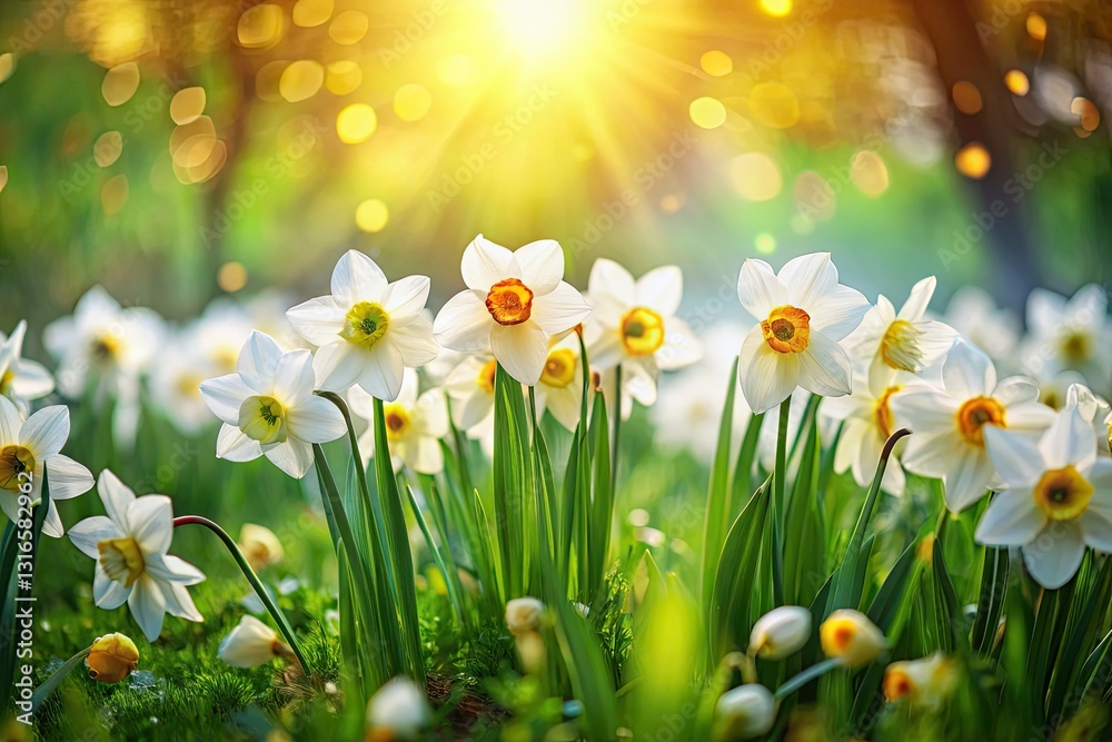 Fototapeta premium Miniature daffodil garden blossoms, a tilt-shift lens captures spring's vibrant miniature bloom.