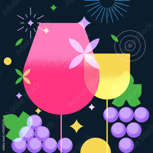 Vector flat illustration of wine bottle, glasses, liquid wine drop, grapes. Label, poster, winery shop design elements.