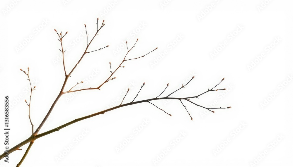 Delicate, bare branches isolated against a pure white backdrop, botany, detail Delicate, bare branches isolated against a pure white backdrop, botany, detail